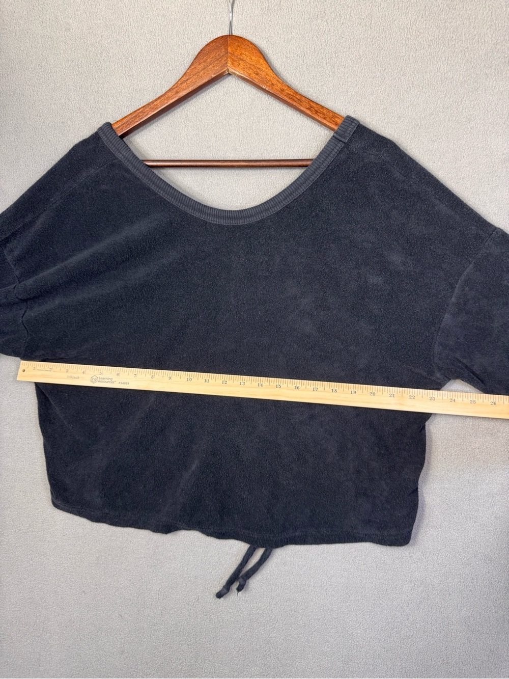 Aerie Black V-Neck Terry Cloth Ruched Front Drawstring Adjustable Sweater Top, M - Picture 7 of 9